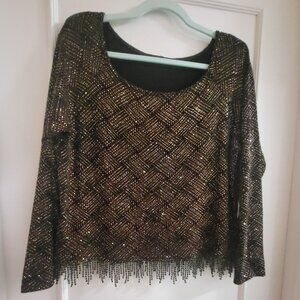 Vintage Conrad C Collection Beaded Fringe Top XL - Black, Red & Gold Geometric